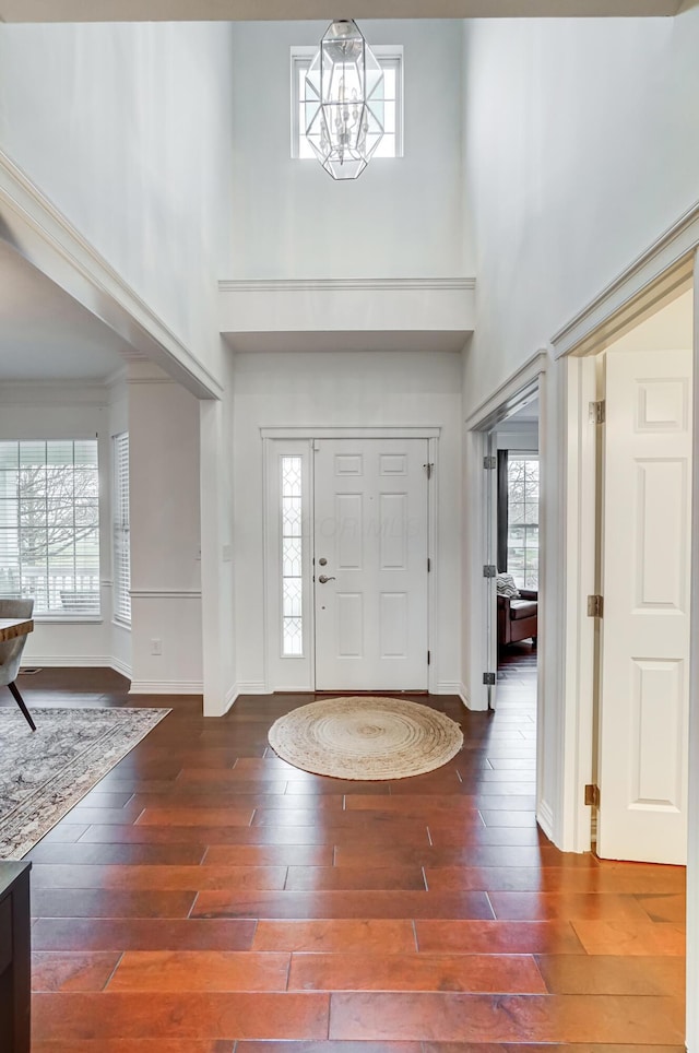 entrance foyer with a healthy amount of sunlight, a towering ceiling, and dark wood-type flooring