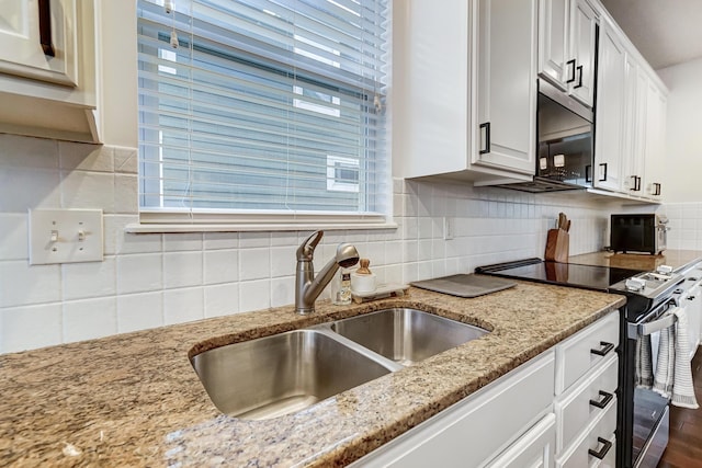 kitchen featuring white cabinets, light stone countertops, electric stove, and sink