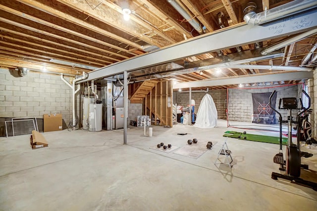 basement with heating unit and water heater