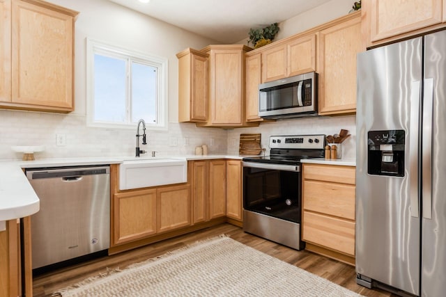 kitchen featuring tasteful backsplash, sink, stainless steel appliances, and light hardwood / wood-style flooring