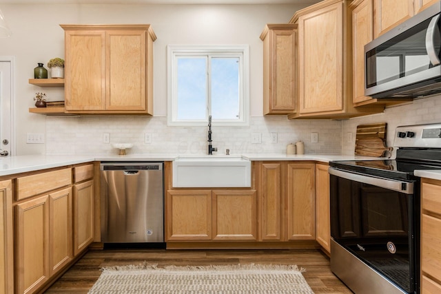 kitchen featuring dark hardwood / wood-style flooring, sink, stainless steel appliances, and tasteful backsplash