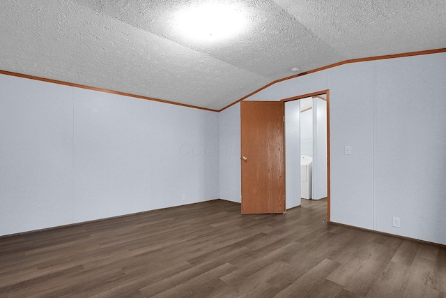 additional living space with dark hardwood / wood-style flooring, lofted ceiling, and a textured ceiling