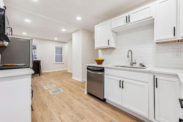 kitchen featuring sink, decorative backsplash, appliances with stainless steel finishes, light hardwood / wood-style floors, and white cabinetry