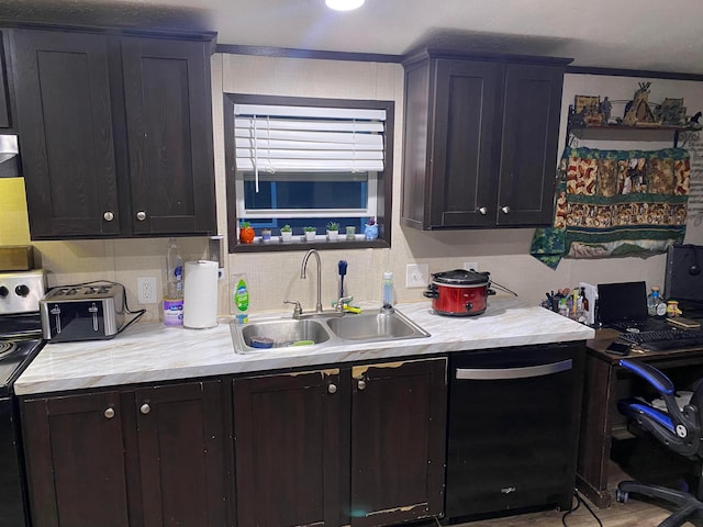 kitchen with white range with electric stovetop, sink, dark brown cabinets, and black dishwasher