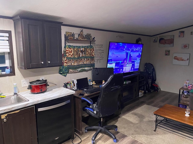 office space featuring dark hardwood / wood-style flooring, crown molding, and sink