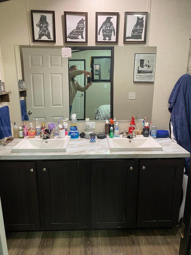 bathroom featuring hardwood / wood-style flooring and vanity