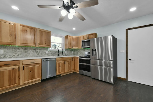 kitchen with decorative backsplash, sink, dark wood-type flooring, and appliances with stainless steel finishes