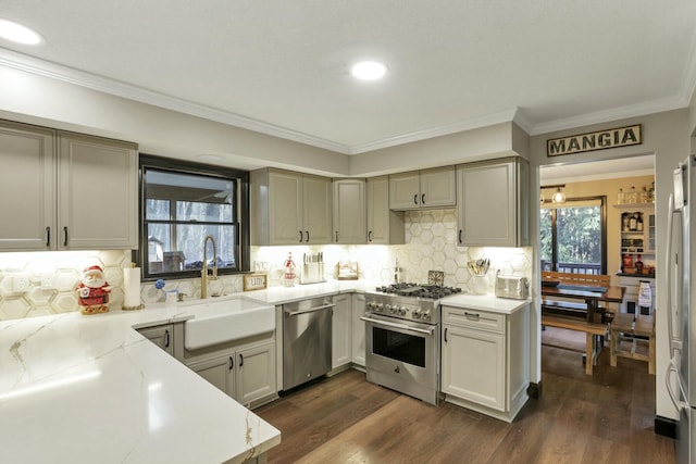 kitchen featuring decorative backsplash, appliances with stainless steel finishes, dark hardwood / wood-style flooring, crown molding, and sink