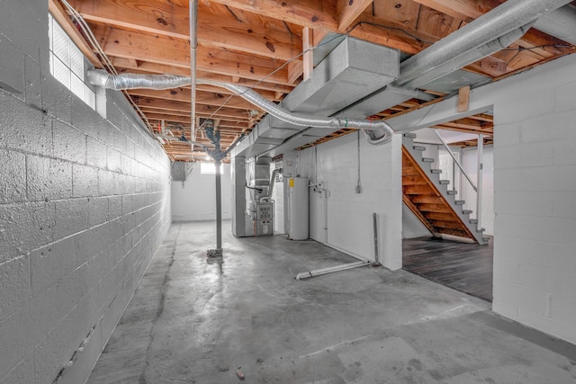 basement with heating unit and water heater