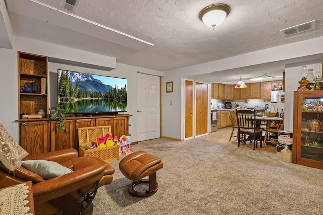 living room with light carpet and a textured ceiling