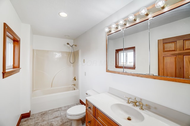 full bathroom with shower / tub combination, vanity, toilet, and tile patterned floors