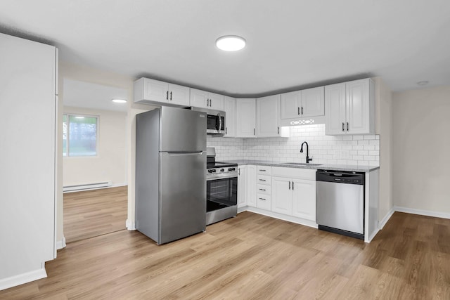 kitchen featuring white cabinets, sink, light hardwood / wood-style flooring, baseboard heating, and stainless steel appliances