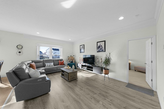 living room with ornamental molding and light wood-type flooring