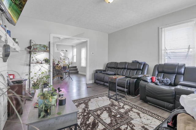 living room featuring a textured ceiling and hardwood / wood-style flooring