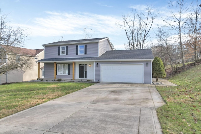 front facade with a garage and a front lawn