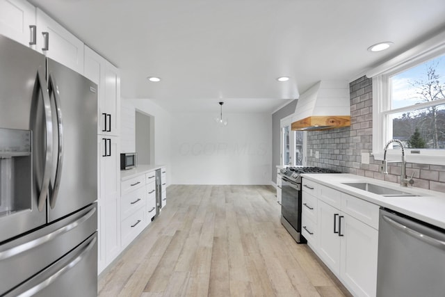 kitchen with white cabinetry, sink, stainless steel appliances, backsplash, and custom exhaust hood