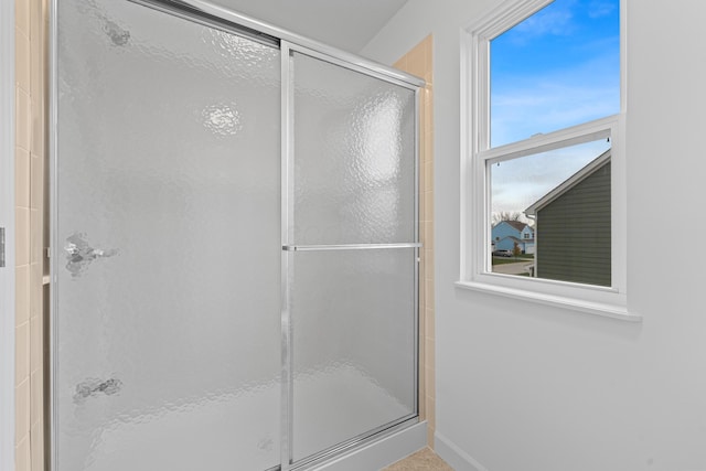 bathroom featuring a shower with shower door