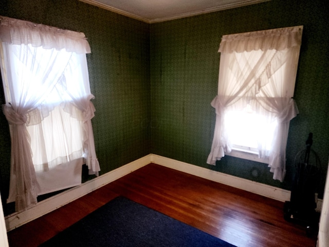 spare room featuring hardwood / wood-style flooring and ornamental molding