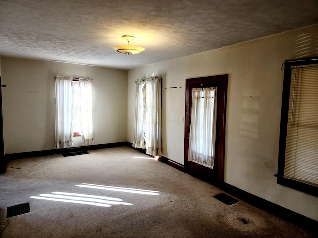 spare room featuring carpet flooring and a textured ceiling