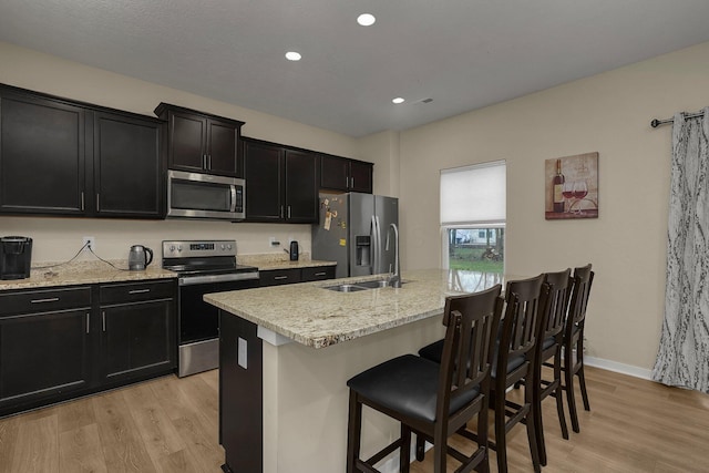 kitchen featuring a breakfast bar, a kitchen island with sink, sink, light hardwood / wood-style floors, and stainless steel appliances