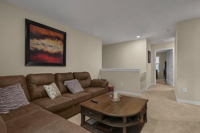 living room with light colored carpet