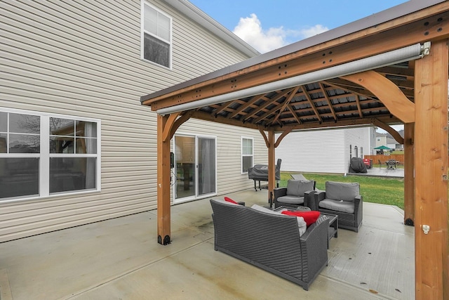 view of patio / terrace featuring a gazebo, outdoor lounge area, and area for grilling