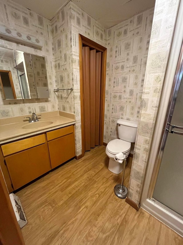 bathroom with vanity, toilet, wood-type flooring, and a shower with door