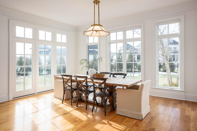 dining room with crown molding and light hardwood / wood-style flooring