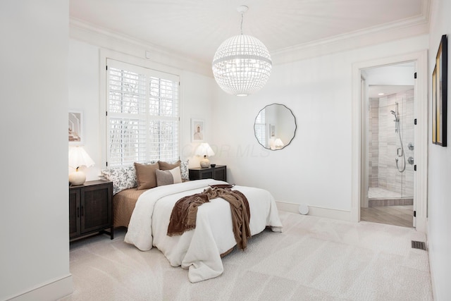 bedroom with light carpet, connected bathroom, crown molding, and a notable chandelier