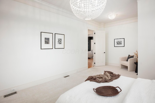 bedroom featuring an inviting chandelier, ornamental molding, and light carpet