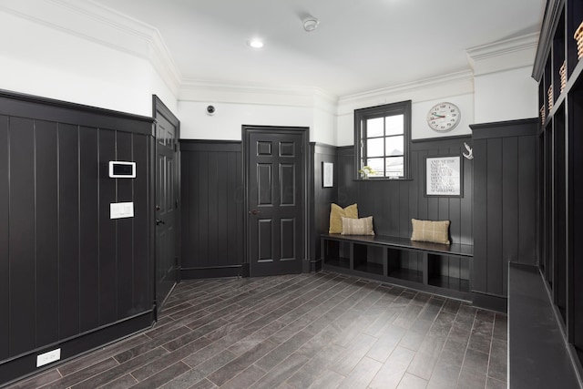 mudroom with ornamental molding and dark wood-type flooring