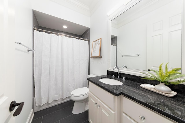 bathroom featuring tile patterned floors, ornamental molding, toilet, and vanity