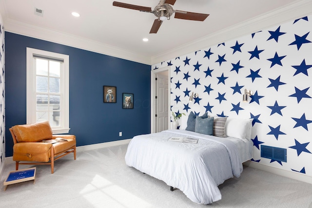 carpeted bedroom featuring crown molding and ceiling fan