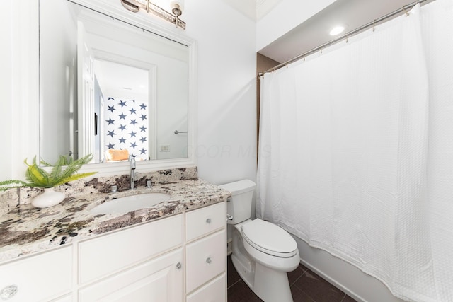 full bathroom with vanity, shower / tub combo, tile patterned flooring, and toilet