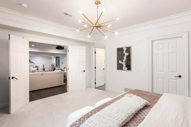 bedroom featuring crown molding, an inviting chandelier, and carpet