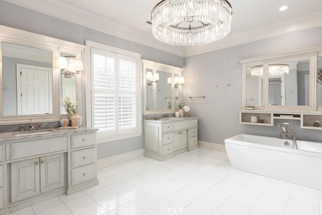 bathroom with a tub to relax in, ornamental molding, vanity, tile patterned floors, and an inviting chandelier