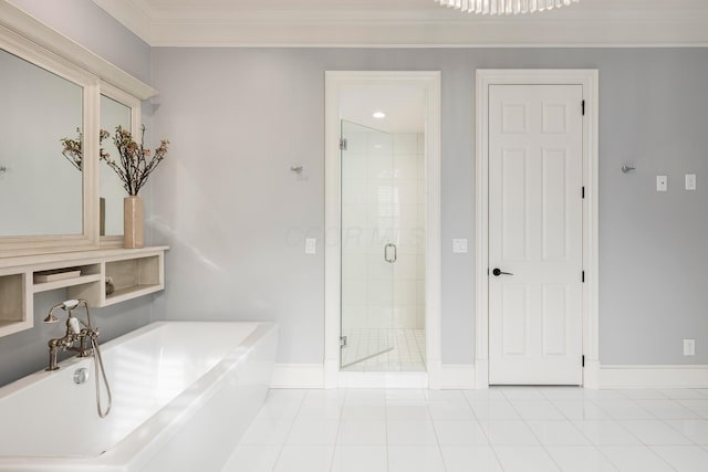 bathroom with tile patterned flooring, ornamental molding, and separate shower and tub