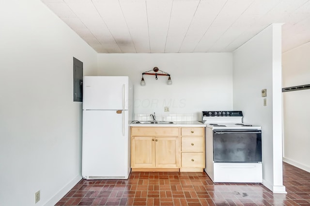 kitchen with electric panel, white appliances, sink, and light brown cabinetry