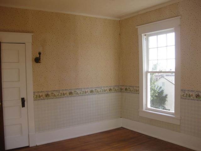 spare room featuring dark wood-type flooring and ornamental molding