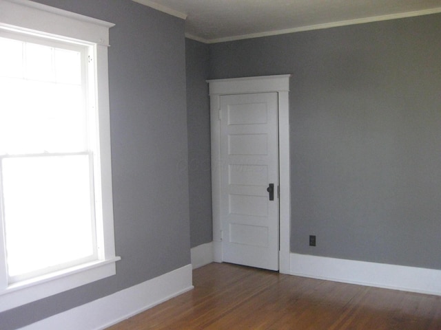 spare room featuring crown molding and dark wood-type flooring