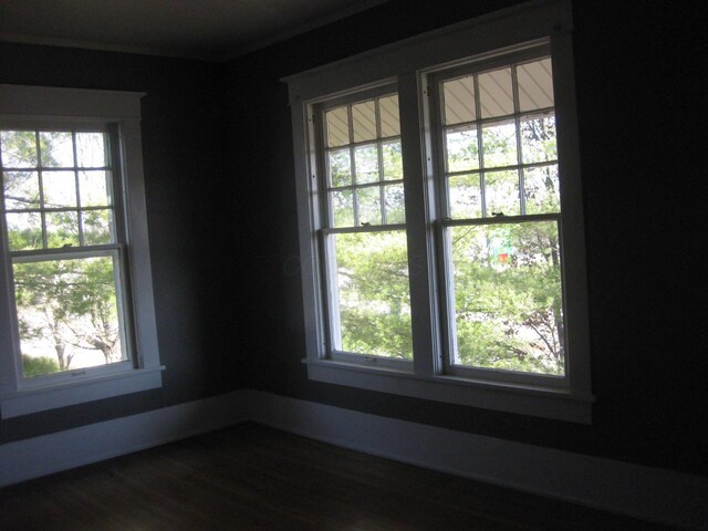 unfurnished room with plenty of natural light, wood-type flooring, and ornamental molding