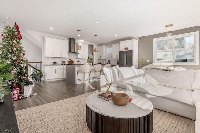 living room with dark wood-type flooring