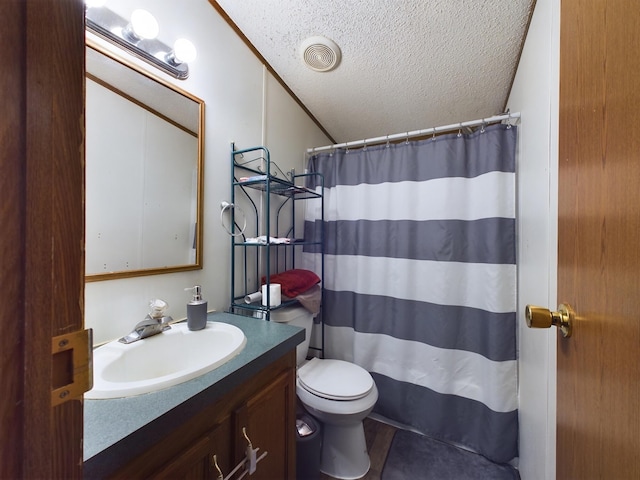 bathroom featuring vanity, a shower with curtain, a textured ceiling, and toilet