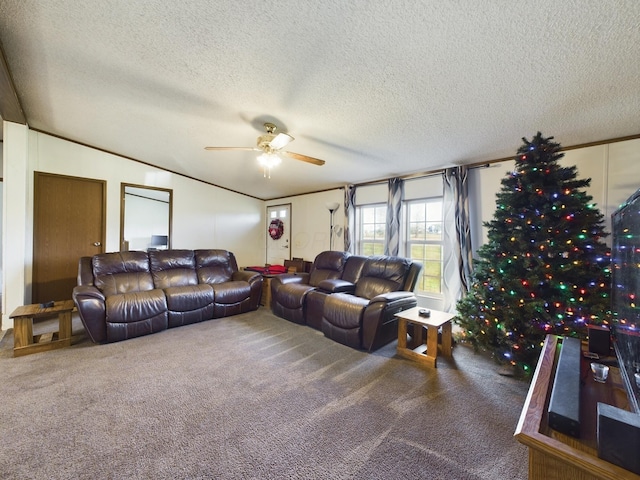 carpeted living room with ceiling fan and a textured ceiling