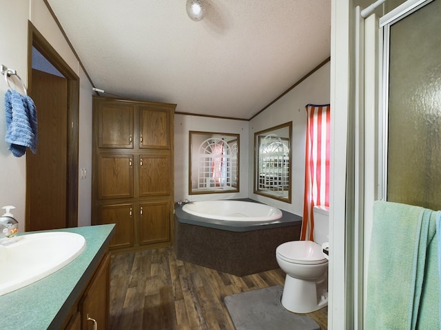 full bathroom with crown molding, a textured ceiling, shower with separate bathtub, vanity, and hardwood / wood-style flooring