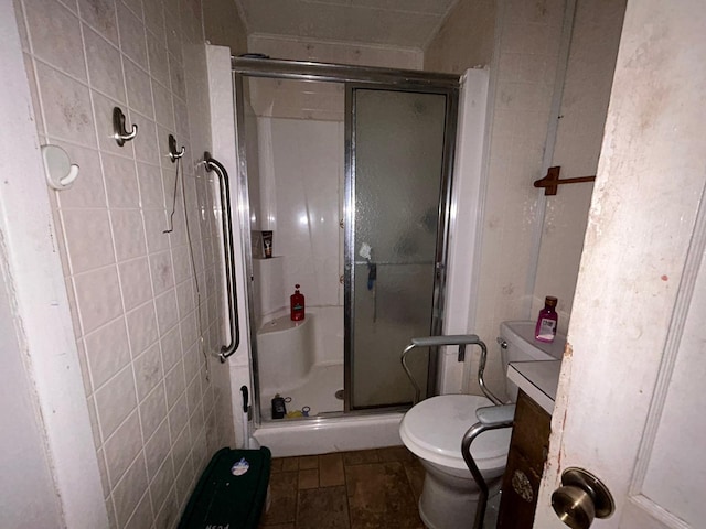 bathroom with vanity, toilet, and walk in shower