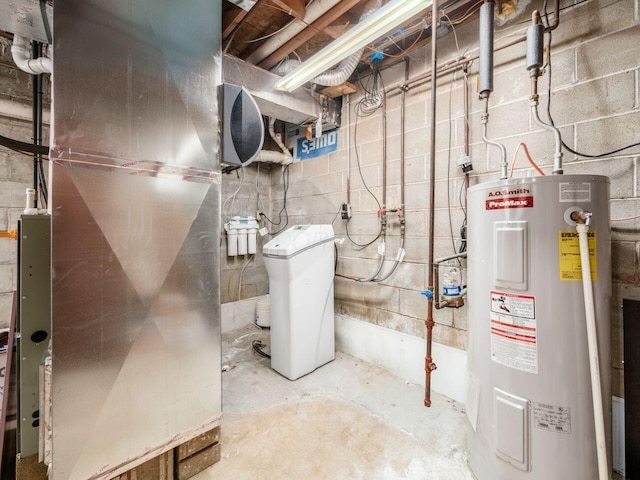 utility room featuring electric water heater and heating unit