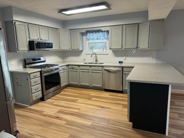 kitchen with backsplash, sink, light hardwood / wood-style flooring, appliances with stainless steel finishes, and kitchen peninsula