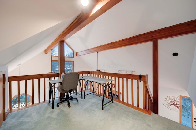 office space with carpet flooring and vaulted ceiling with beams