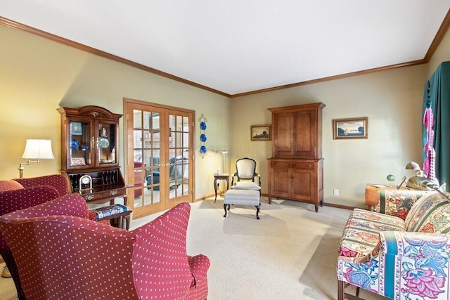 living room with light carpet, ornamental molding, and french doors